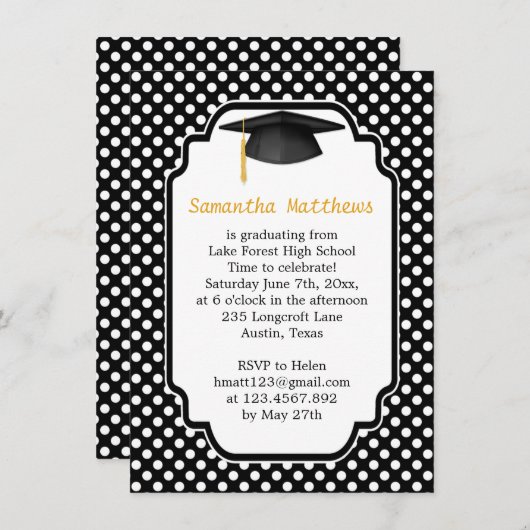 Zwarte mortier, polka dot Afstudeerfeest Uitnodige Kaart (Voorkant / Achterkant)