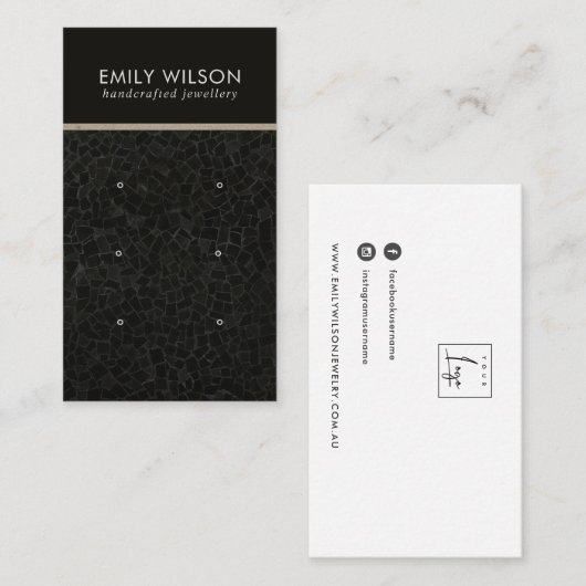 ZWARTE MOSAISCHE TEXTURE 3 STUD EARRING DISPLAY CA VISITEKAARTJE (Voorkant / Achterkant)