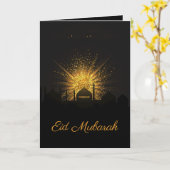 Zwarte Moskee & Gouden Fonkeling Vakantie Eid Kaart (Gele Bloem)