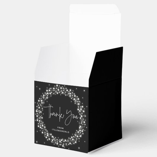 Zwarte mousserende lichten Dank u Bedankdoosjes (Geopend)