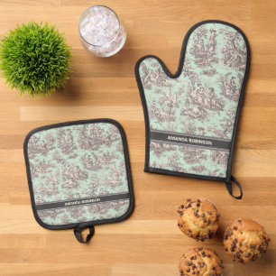  zwarte munt Toile de Jouy afgedrukt Ovenwant & Pannenlap Set