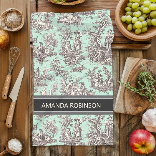  zwarte munt Toile de Jouy afgedrukt Theedoek