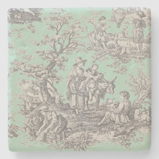  zwarte munt Toile de Jouy Pattern Stenen Onderzetter (Voorkant)