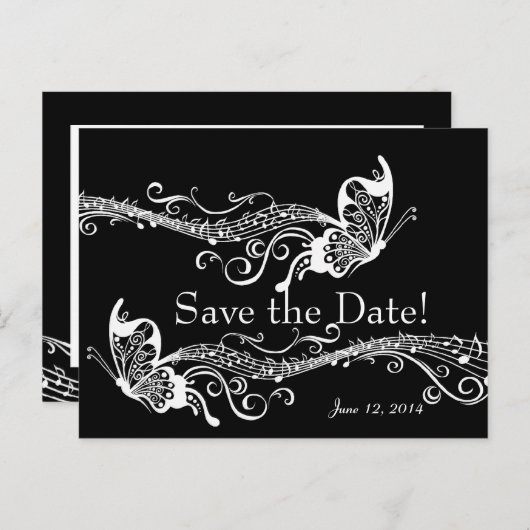 Zwarte Musical Vlinders Save The Date Aankondigingskaart (Voorkant / Achterkant)