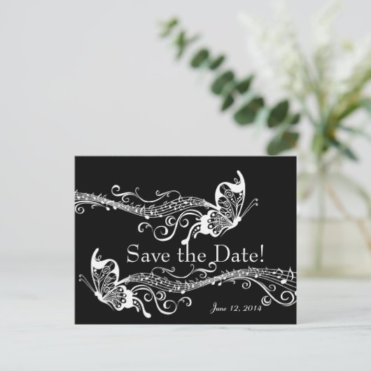 Zwarte Musical Vlinders Save The Date Aankondigingskaart (Staand voorkant)
