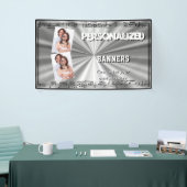 Zwarte muzieknoten op zilver spandoek (Beurs)