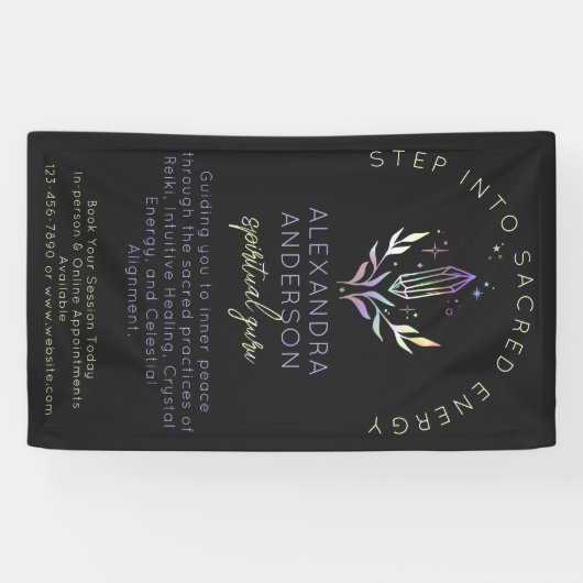 Zwarte mystieke holografische Spirituele kristalle Spandoek (Horizontaal)