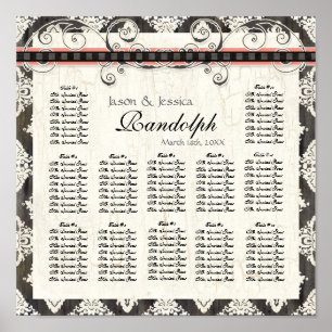 Zwarte 'n White Damask Pink Wedding Seding Chart Poster