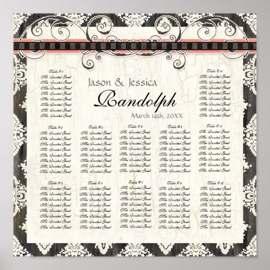 Zwarte 'n White Damask Pink Wedding Seding Chart Poster (Voorkant)