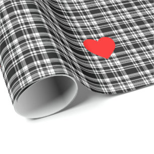 Zwarte N' White tartan plaid met rood hartdetail Cadeaupapier