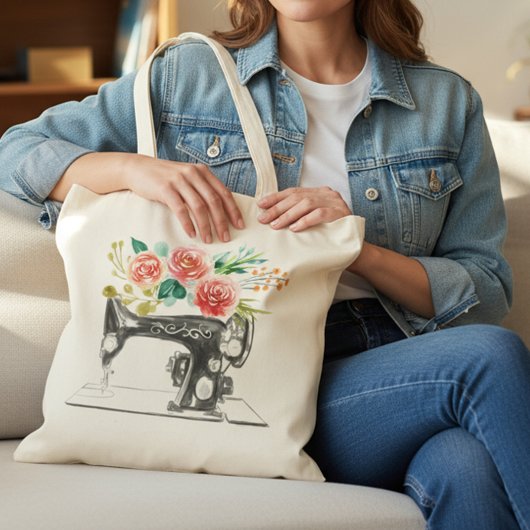 Zwarte naaimachine die tapijtschelp vult tote bag