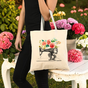 Zwarte Naaimachine Quilt Tailor Bloem Tote Bag