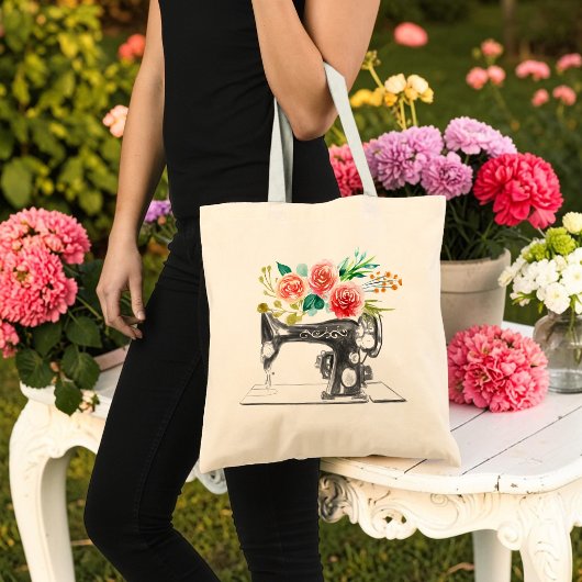 Zwarte Naaimachine Quilt Tailor Bloem Tote Bag
