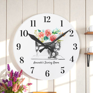 Zwarte Naaimachine Witte Bloemen Ronde Klok