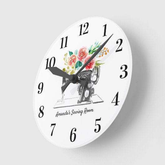 Zwarte Naaimachine Witte Bloemen Ronde Klok (Hoek)