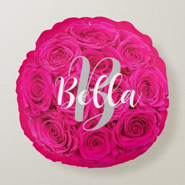 Zwarte Naam Gepersonaliseerd Roze Rond Kussen (Voorkant)