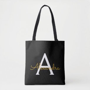 Zwarte naam Gold Girly Script Monogram Modern Tote Bag