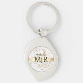 Zwarte Naam Groot Monogram, Wit & Goud Marmer Sleutelhanger (Voorkant)