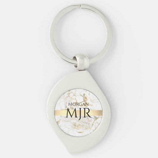 Zwarte Naam Groot Monogram, Wit & Goud Marmer Sleutelhanger (Voorkant)