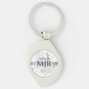 Zwarte Naam Groot Monogram, Wit & Grijs Marmer Sleutelhanger