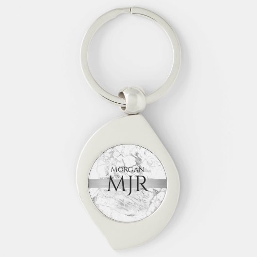 Zwarte Naam Groot Monogram, Wit & Grijs Marmer Sleutelhanger (Voorkant)