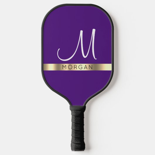 Zwarte naam op gouden band en groot wit monogram pickleball paddle (Voorkant)