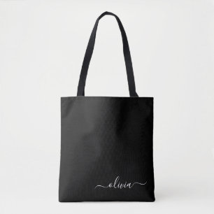 Zwarte naam White Girly Script Monogram Modern Tote Bag