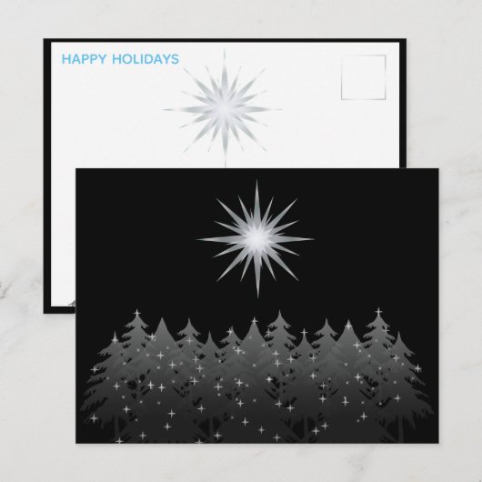Zwarte Nacht Hemel Witte Ster Bomen Moderne Kerstm Feestdagenkaart (Voorkant / Achterkant)