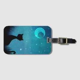 Zwarte nachtelijke kat moderne illustratievlek bagagelabel