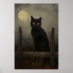 Zwarte nachtkat vintage print, maan kat op een hek poster