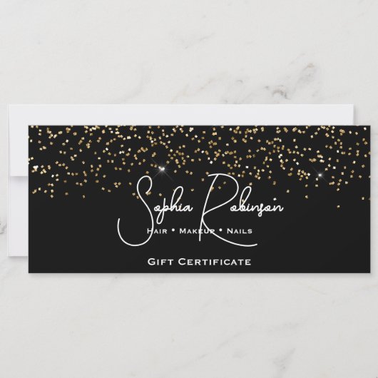 Zwarte & namaak gouden glitters cadeaubon kaart (Voorkant)