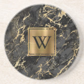 Zwarte namaak marmer gouden monogram zandsteen onderzetter (Voorkant)