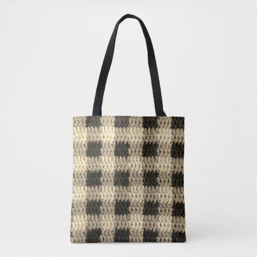 Zwarte natuurlijke tinten Plaid Artisan Haakprint Tote Bag (Voorkant)