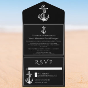 Zwarte Nautische Anchor Al in One Wedding Invite All In One Uitnodiging