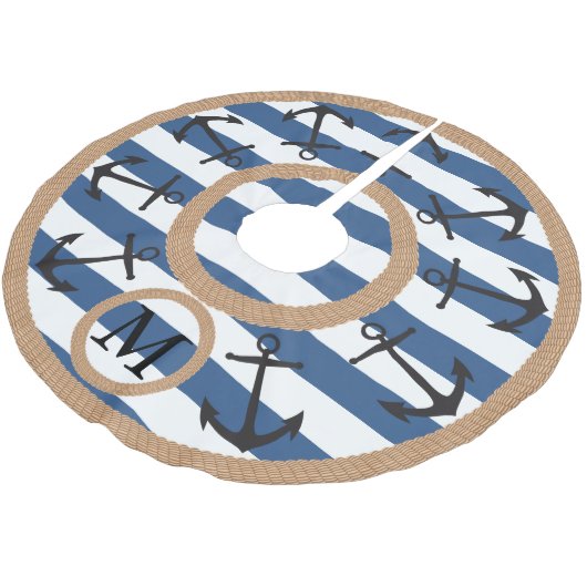 Zwarte Nautische ankers en treegestreepte monogram Kerstboom Rok (Gekanteld)