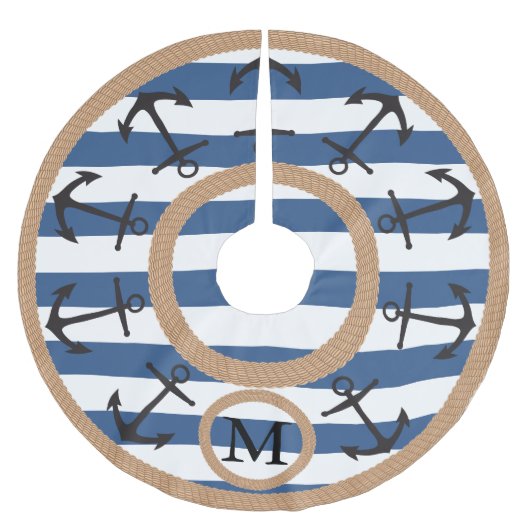 Zwarte Nautische ankers en treegestreepte monogram Kerstboom Rok (Voorkant)