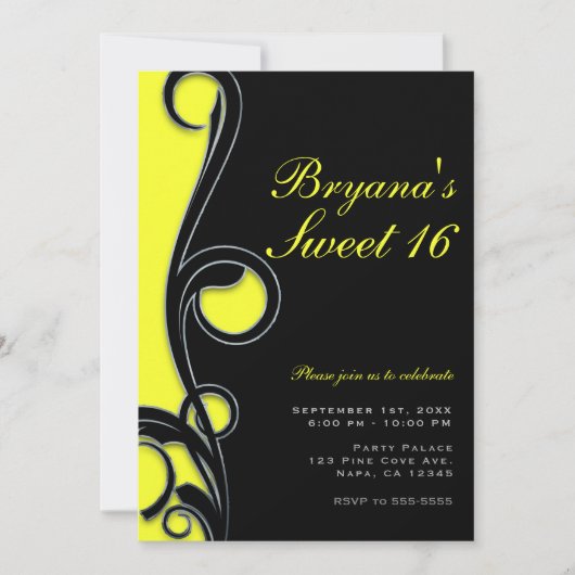 Zwarte & Neon Bright Gele Zwemel Sweet 16-partij Kaart (Voorkant)