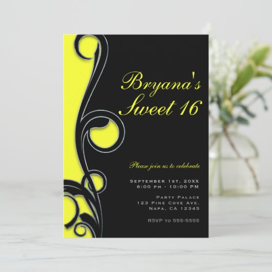 Zwarte & Neon Bright Gele Zwemel Sweet 16-partij Kaart (Staand voorkant)
