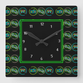Zwarte & Neon Gamer Vierkante Klok
