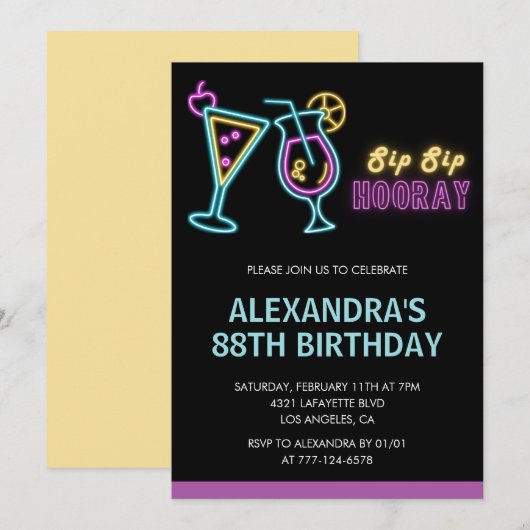 Zwarte Neon Glow Cocktail Martini 88e verjaardag Kaart (Voorkant / Achterkant)