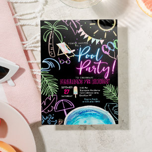 Zwarte Neon Glow Watercolor Pool Party Verjaardag Kaart