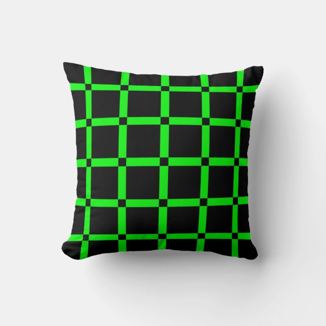 Zwarte & Neon Groene Raster Patroon Worp Kussen (Voorkant)
