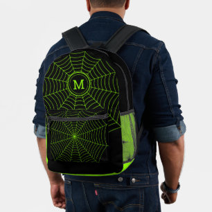 Zwarte neon groene spinnenweb Halloween Monogram Bedrukte Rugzak