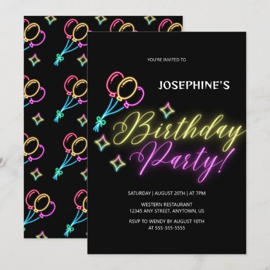Zwarte Neon Kleurrijke Glow Balloon Verjaardag Kaart (Voorkant / Achterkant)