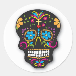 Zwarte Neon Mexican Sugar Skull Day of the Dead Ronde Sticker