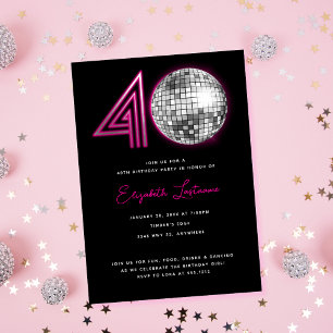 Zwarte Neon Roze Disco Bal Veertig 40e Verjaardag Kaart