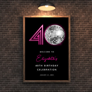 Zwarte Neon Roze Disco Bal Veertigste 40e Verjaard Poster