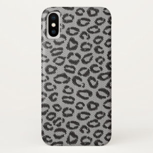 Zwarte netkanten kant met luipaardpatroon op wit iPhone x hoesje