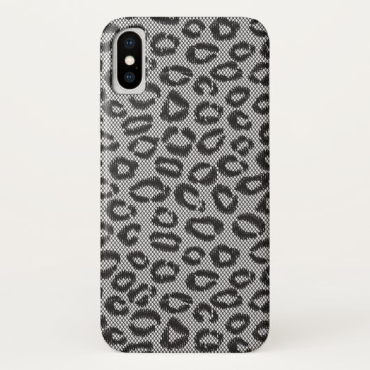 Zwarte netkanten kant met luipaardpatroon op wit Case-Mate iPhone case (Achterkant)