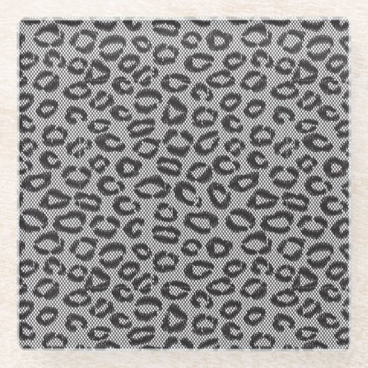 Zwarte netzijde met luipaard op wit glazen onderzetter (Voorkant)